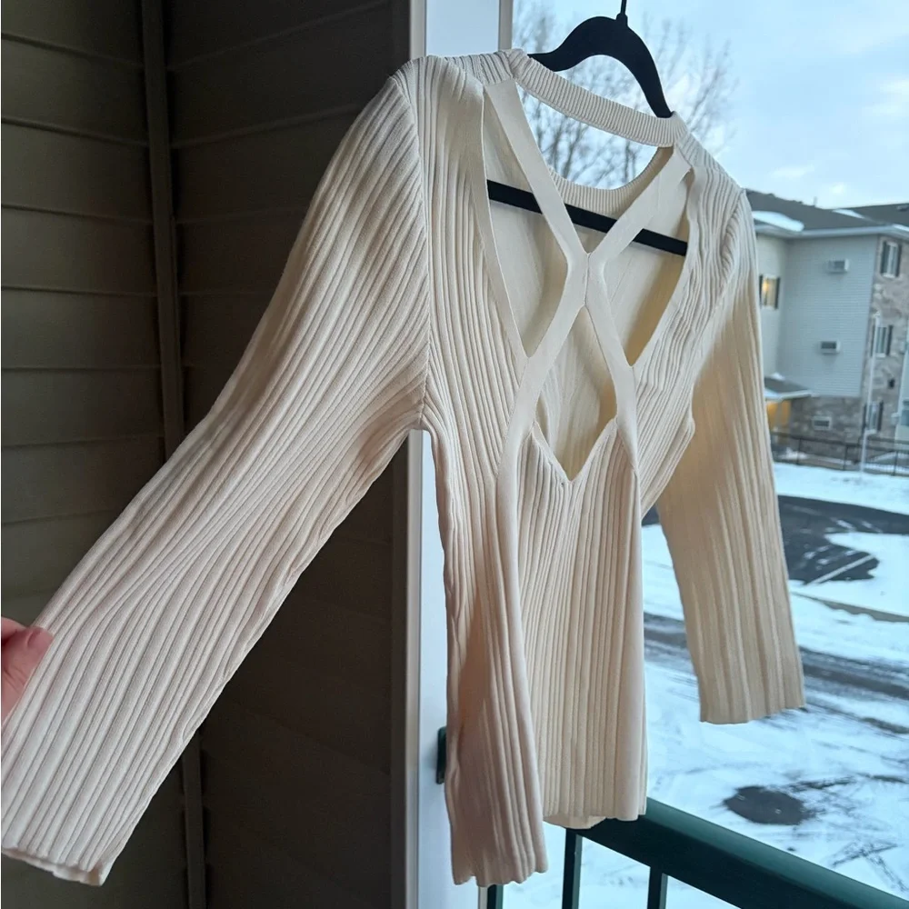 🆕7 For All Mankind Cream Ribbed Knit Top Open Back Cutout Stretchy Casual Size L - Picture 7 of 17